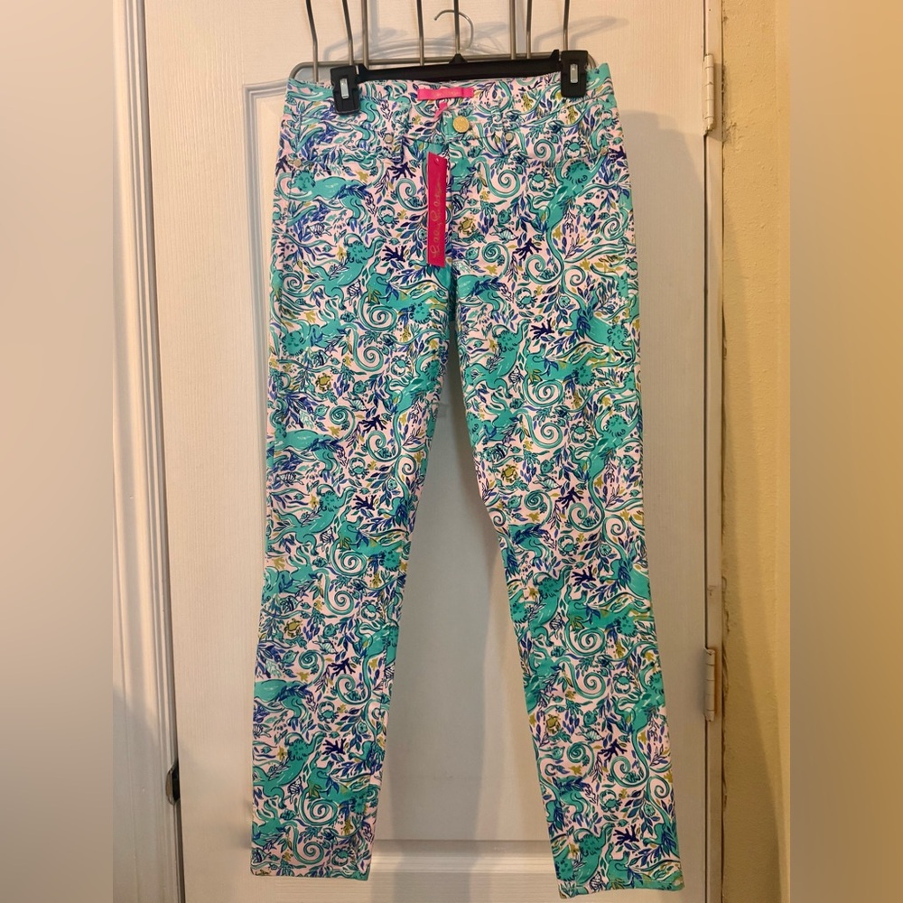 LILLY PULITZER SKINNY CROP PANTS SOUTH OCEAN .SIZE 4,TROPICAL, COASTAL, RESORT